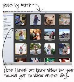 a computer screen with pictures and caption that says, note i break out phone videos by year until get to videos another day