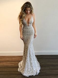 Deep V Neck Spaghetti Straps Mermaid Backless Lace Silver Prom Dresses – Shiny Party Silver Formal Dresses, Silver Prom Dress, Prom Dress With Train, Mermaid Prom Dresses Lace, Mermaid Evening Gown, V Neck Prom Dresses, Graduation Dresses, Lace Prom Dress, Backless Prom Dresses