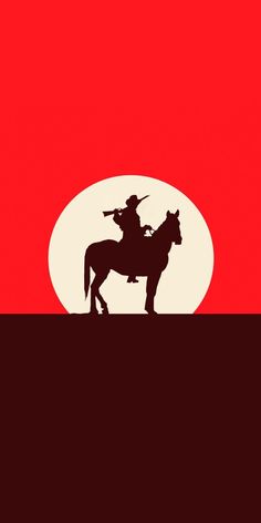 the silhouette of a man on a horse in front of an orange and red sky