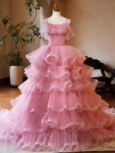 Spaghetti Strap Pink Tiered Ruffle Tulle Ball Gown Organza Ball Gown With Ruffles For Quinceanera, Tiered Ruffle Gown For Prom Season, Tiered Tulle Gown With Ruffles, Pink Tiered Gown With Ruffles, Pink Ruffled Gown For Debutante Ball, Organza Ball Gown With Ruffles For Prom, Tiered Ruffle Gown For Debutante Ball, Pink Ruffled Ball Gown For Quinceanera, Ruffled Organza Ball Gown For Debutante Ball