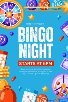 a flyer for a casino night with various items and numbers on it, including dices,