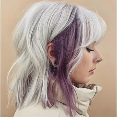 Your Complete Guide To Color Blocking Gray And Vivid Hair, Purple And Platinum Blonde Hair, Muted Fashion Colors Hair, Edgy Purple Hair, Fire And Ice Hair, Split Dye Hair Ideas Blonde, Colored Money Piece Hair Blonde, Cool Dark Hair Color Ideas, Grey Hair With Peekaboo Color