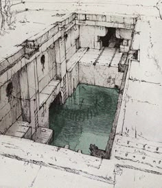 a drawing of a building with water in it