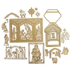 the nativity cut outs are shown in gold, and include an image of jesus