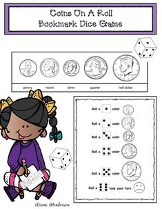 coins on a roll bookmark dice game for kids to practice counting and addition skills