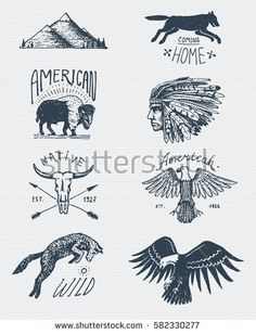 vintage native american emblems with eagle, wolf and bison on the white paper background