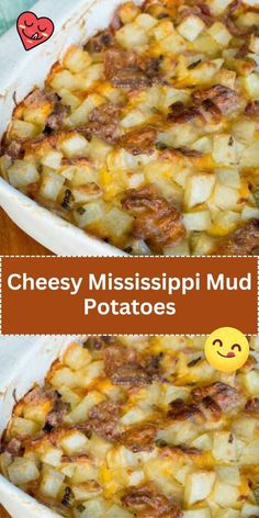 cheesy mississippi mud potatoes in a white casserole dish with text overlay