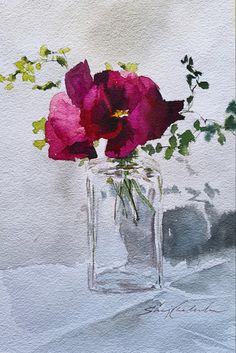 a painting of flowers in a glass vase