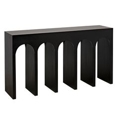 a black console table with four columns on each side