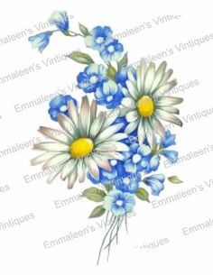 blue and white flowers with green leaves