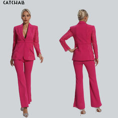 a woman in a pink suit and heels standing next to another woman with her hands on her hips