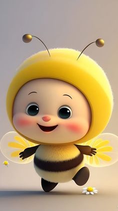 a cute little bee with big eyes and yellow wings