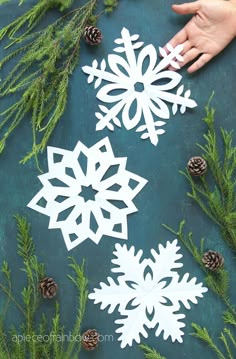 paper snowflakes and pine cones are arranged on a green surface with evergreen branches