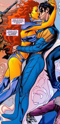 Nightwing and Starfire Teen Titans Characters, Nightwing And Starfire, Barbara Gordon, Dc Characters, Nightwing, Teen Titans, Iron Man, Comic Art, Dc Comics