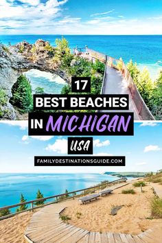 steps leading to the beach with text overlay that reads 17 best beaches in michigan usa