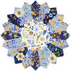 a blue and yellow flowered design on a white background with lots of flowers in the center