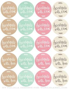 the printable labels for handmade with love are shown in different colors and sizes