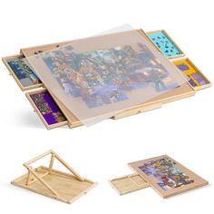 three wooden trays with pictures on them and one is open to show the contents