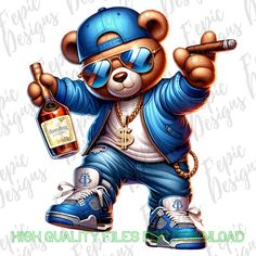 a drawing of a teddy bear wearing sunglasses and holding a bottle of liquor in his right hand