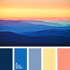 the color palette is blue, pink and yellow with mountains in the background at sunset