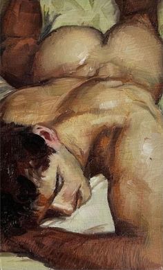 an oil painting of a naked man laying on a bed with his head turned to the side