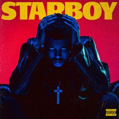 a man sitting in front of a red background with the words starboy on it