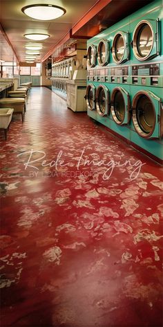 an empty laundry room filled with washers and dryers