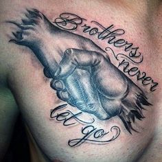 a man with a tattoo on his chest that says brothers never go to jail,