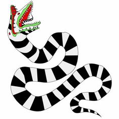 a black and white striped snake with an alligator's head on its back,