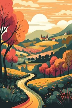 a painting of a country road with trees and hills in the background, as well as an orange sky