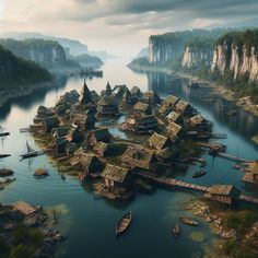 an artist's rendering of a floating village in the middle of a body of water