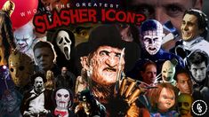 a collage of halloween movies with the names slasher icon? and other characters