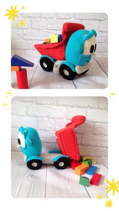 two pictures of a toy truck with blocks on the front and back, in different colors