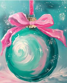 a painting of a green ornament with a pink bow on it's top