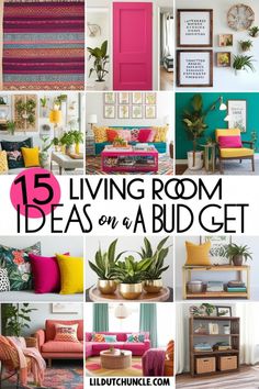 a collage of living room decor on a budget