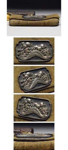 three different views of an old purse with metal decorations on the front and back sides