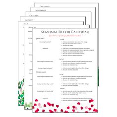 three seasonal decor calendars with red flowers on them