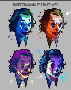 the jokers face is shown in four different colors