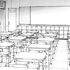 a drawing of a classroom with desks and chalkboard on the wall, in black and white