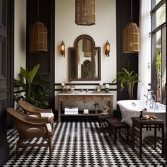 a bathroom with black and white checkered flooring next to a bathtub in the corner