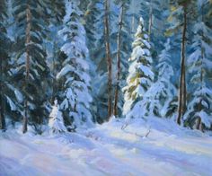 a painting of snow covered trees in the woods