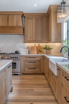 a kitchen with wooden cabinets and white counter tops