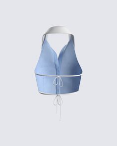 Vitellia Blue Pinstripe Halter Top Pinstripe Fabric, Lehnga Dress, Pleated Tennis Skirt, Contrast Collar, Cargo Pant, Elevate Your Look, Tennis Skirt, Who Knows, Hottest Trends