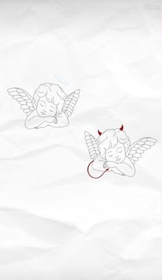 two drawings of angels on white paper with red string attached to the back of them