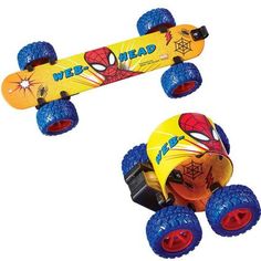 two toy cars with wheels and spider - man on the front, one is yellow