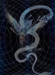 a drawing of a bird and a snake on a blue background with stars in the sky