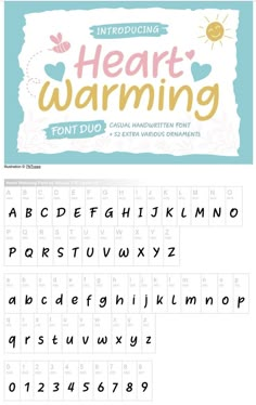 the heart warming font and lowercases are shown in two different styles, including one with