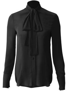 black georgette pussy-bow collar front button fastening long sleeves buttoned cuffs curved hem Womens Suits, Georgette Blouse, Bow Collar, Yoko London, City Dress, Bow Blouse, Flounce Sleeve, Summer Beach Wear, Red Blouses