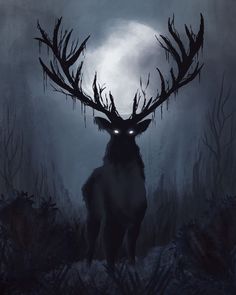 a deer with glowing eyes standing in the dark woods at night under a full moon