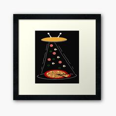 a pizza sitting on top of a pan under a light framed art print with black background